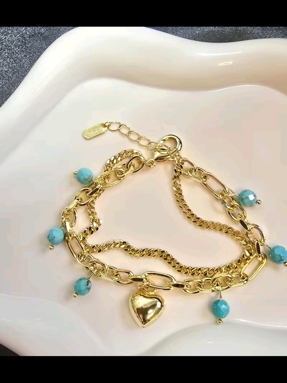 14k Gold FILLED Chain Heart Bracelet with Turquoise Beads